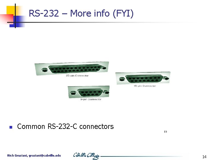 RS-232 – More info (FYI) n Common RS-232 -C connectors Rick Graziani, graziani@cabrillo. edu