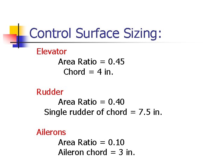 Control Surface Sizing: Elevator Area Ratio = 0. 45 Chord = 4 in. Rudder Control Surface Sizing: Elevator Area Ratio = 0. 45 Chord = 4 in. Rudder