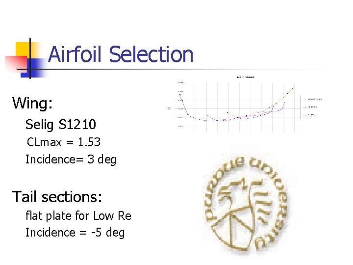 Airfoil Selection Wing: Selig S 1210 CLmax = 1. 53 Incidence= 3 deg Tail Airfoil Selection Wing: Selig S 1210 CLmax = 1. 53 Incidence= 3 deg Tail