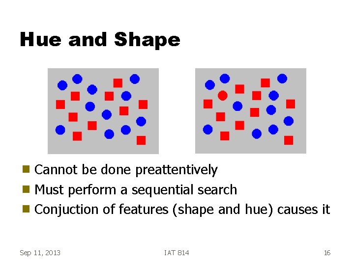 Hue and Shape Cannot be done preattentively g Must perform a sequential search g
