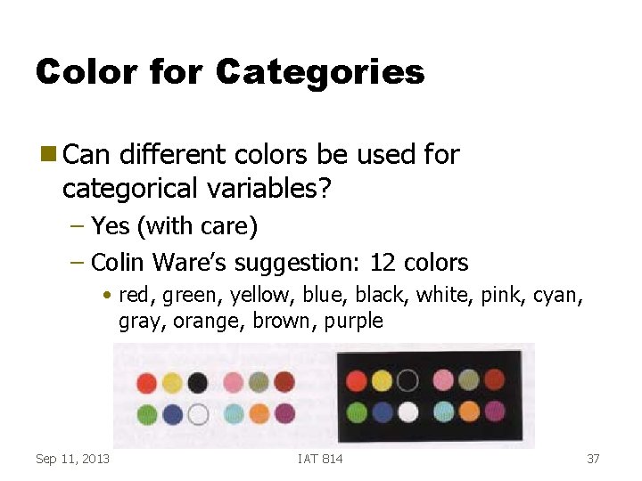 Color for Categories g Can different colors be used for categorical variables? – Yes