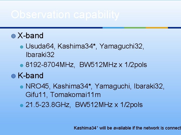 Observation capability ¥ X-band Usuda 64, Kashima 34*, Yamaguchi 32, Ibaraki 32 ¥ 8192