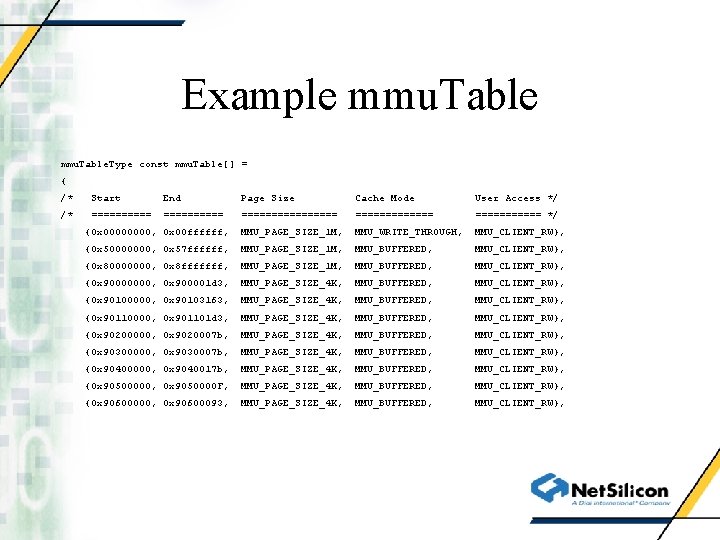 Example mmu. Table. Type const mmu. Table[] = { /* Start End Page Size