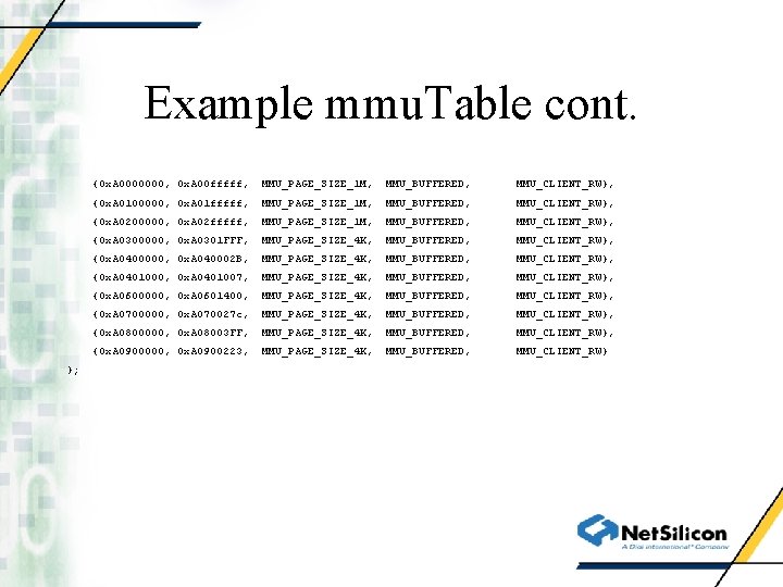 Example mmu. Table cont. }; {0 x. A 0000000, 0 x. A 00 fffff,