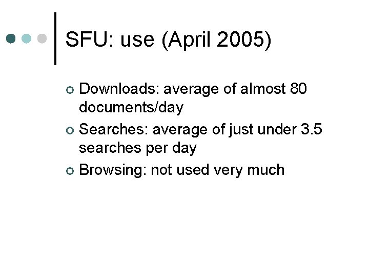 SFU: use (April 2005) Downloads: average of almost 80 documents/day ¢ Searches: average of