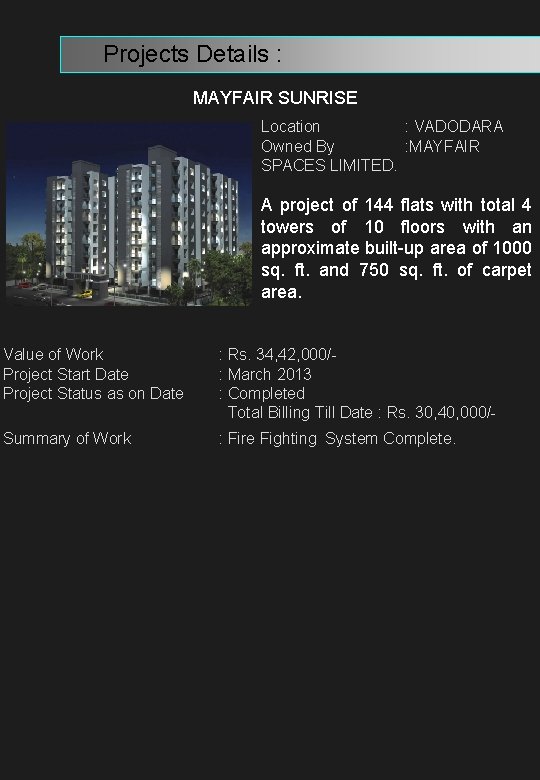  Projects Details : MAY FAIR SUNRISE MAYFAIR SUNRISE Location : VADODARA Owned By