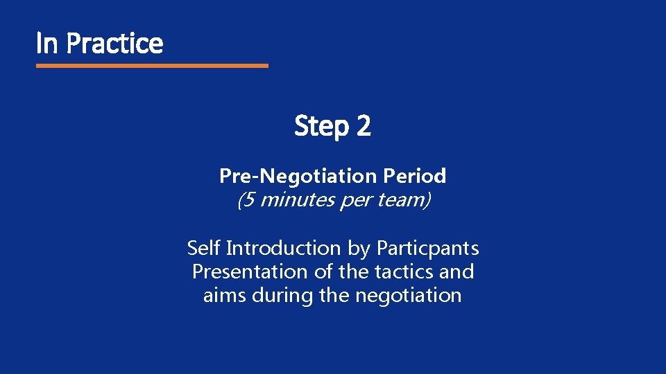 In Practice Step 2 Pre-Negotiation Period (5 minutes per team) Self Introduction by Particpants