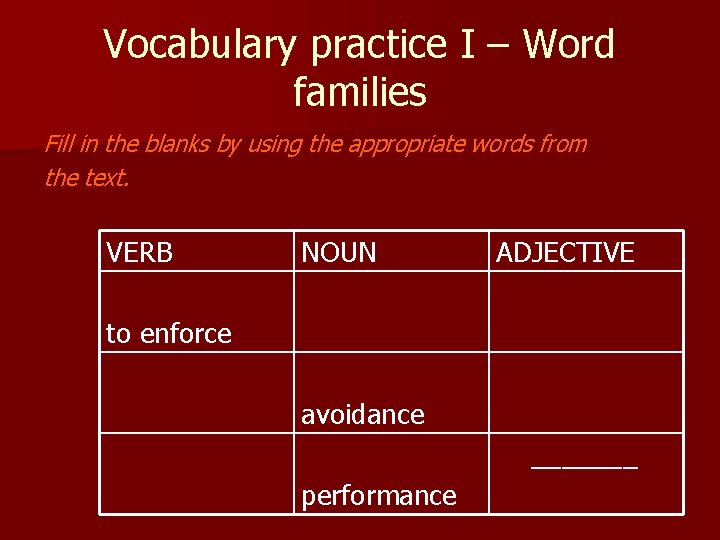 Vocabulary practice I – Word families Fill in the blanks by using the appropriate