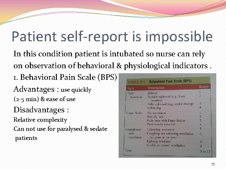 Patient self-report is impossible In this condition patient is intubated so nurse can rely