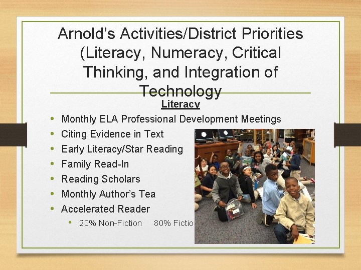 Arnold’s Activities/District Priorities (Literacy, Numeracy, Critical Thinking, and Integration of Technology Literacy • Monthly