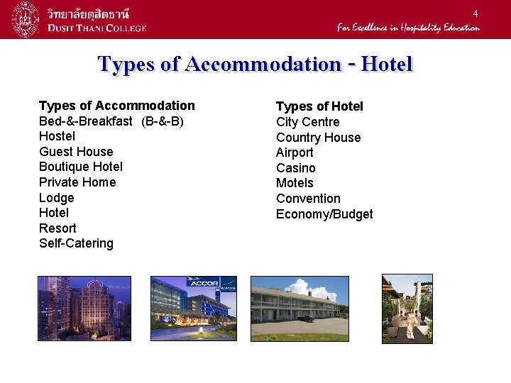 4 Types of Accommodation - Hotel Types of Accommodation Bed-&-Breakfast (B-&-B) Hostel Guest House