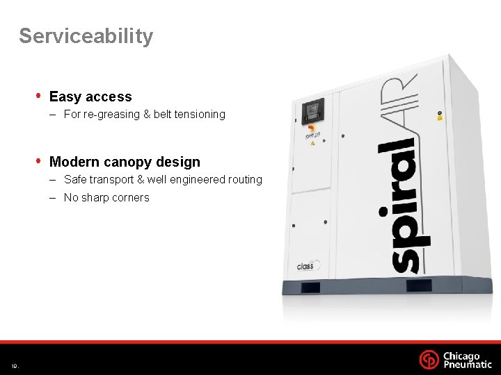 Serviceability Easy access – For re-greasing & belt tensioning Modern canopy design – Safe