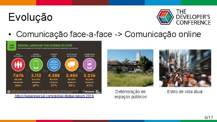  Evolução • Comunicação face-a-face -> Comunicação online https: //wearesocial. com/global-digital-report-2019 Deterioração de espaços