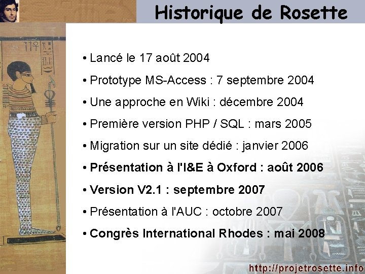 Historique de Rosette • Lancé le 17 août 2004 • Prototype MS-Access : 7