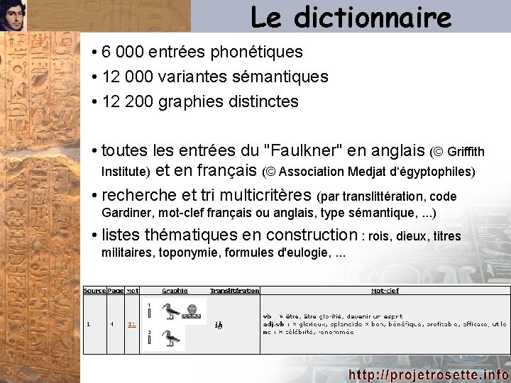 Le dictionnaire • 6 000 entrées phonétiques • 12 000 variantes sémantiques • 12