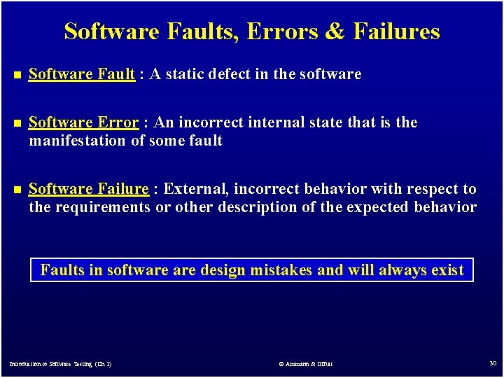 Software Faults, Errors & Failures n Software Fault : A static defect in the