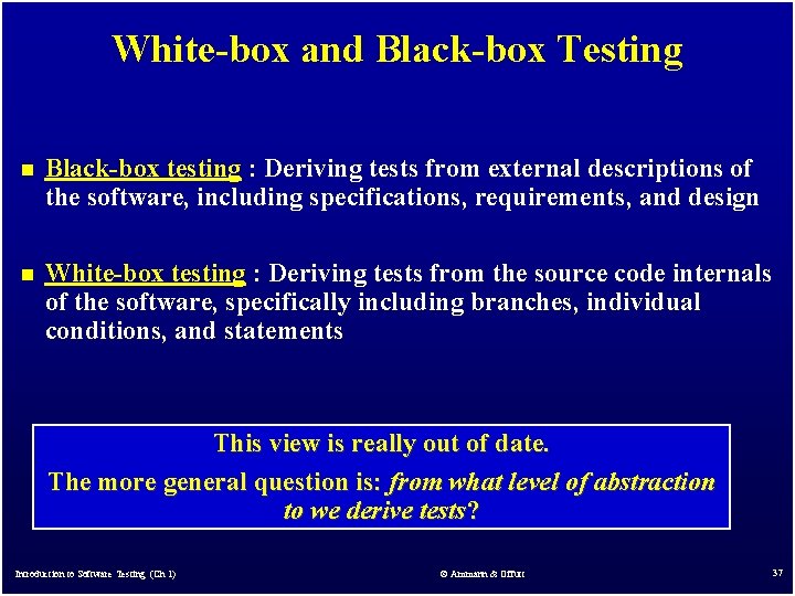 White-box and Black-box Testing n Black-box testing : Deriving tests from external descriptions of