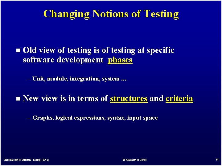 Changing Notions of Testing n Old view of testing is of testing at specific