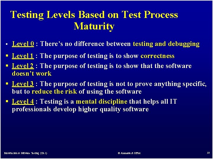 Testing Levels Based on Test Process Maturity § Level 0 : There’s no difference