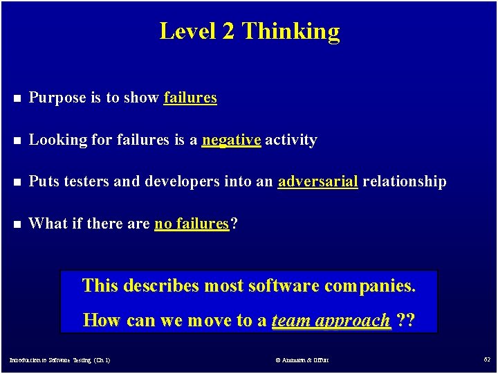 Level 2 Thinking n Purpose is to show failures n Looking for failures is