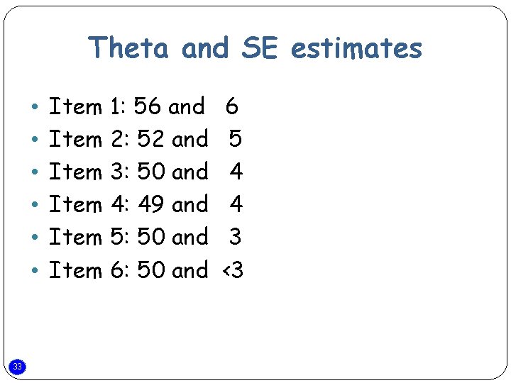 Theta and SE estimates • • • 33 Item 1: 56 and Item 2: