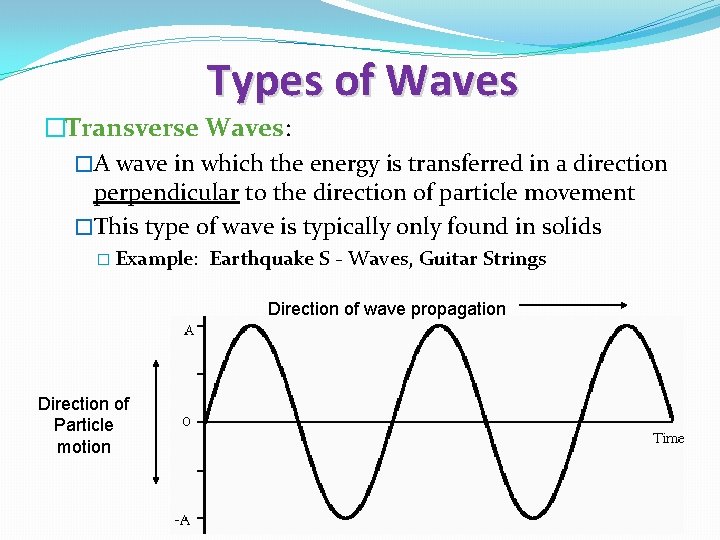 Types of Waves �Transverse Waves: �A wave in which the energy is transferred in