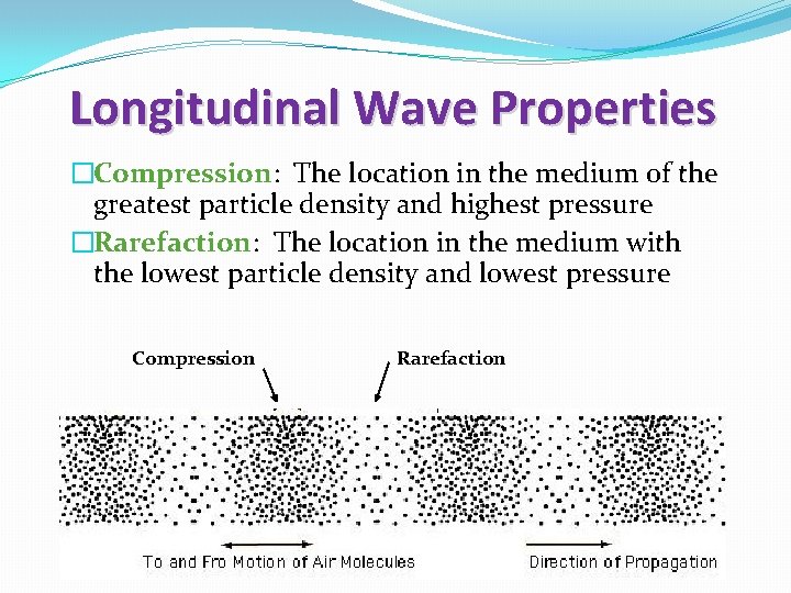 Longitudinal Wave Properties �Compression: The location in the medium of the greatest particle density