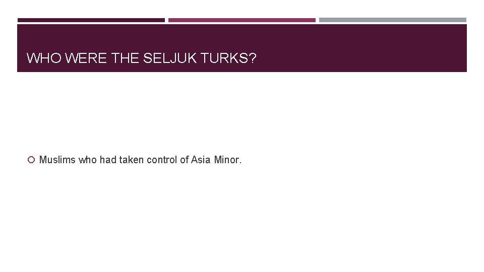 WHO WERE THE SELJUK TURKS? Muslims who had taken control of Asia Minor. 