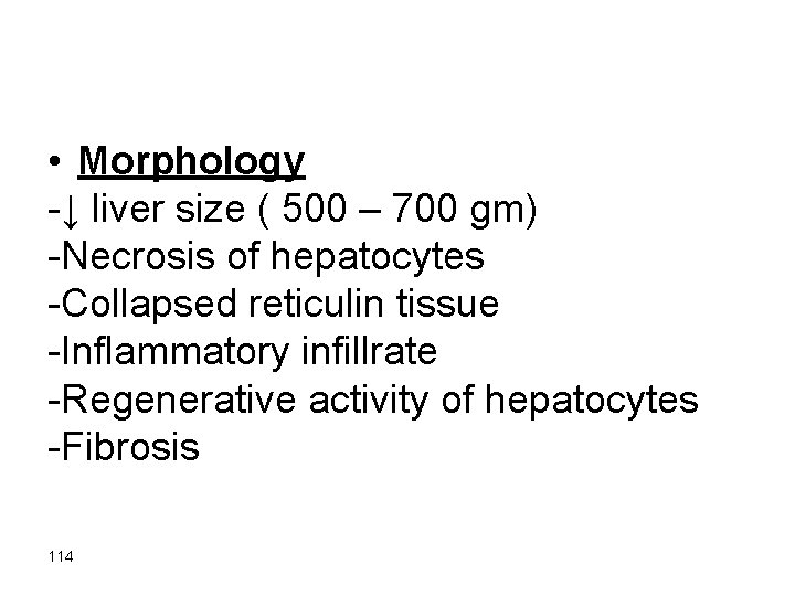  • Morphology -↓ liver size ( 500 – 700 gm) -Necrosis of hepatocytes