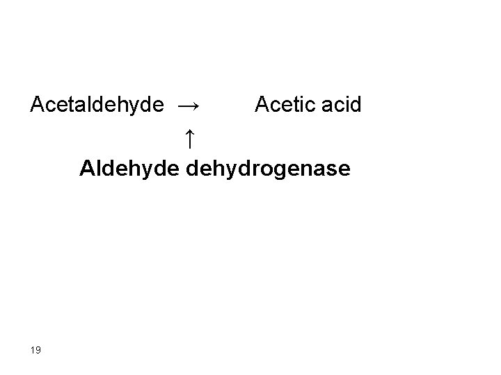 Acetaldehyde → Acetic acid ↑ Aldehyde dehydrogenase 19 