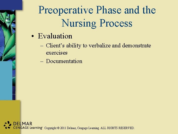 Preoperative Phase and the Nursing Process • Evaluation – Client’s ability to verbalize and