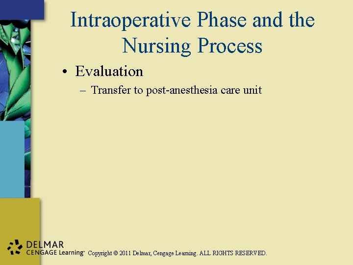 Intraoperative Phase and the Nursing Process • Evaluation – Transfer to post-anesthesia care unit