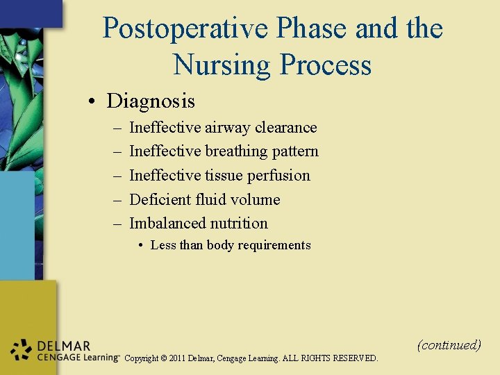 Postoperative Phase and the Nursing Process • Diagnosis – – – Ineffective airway clearance