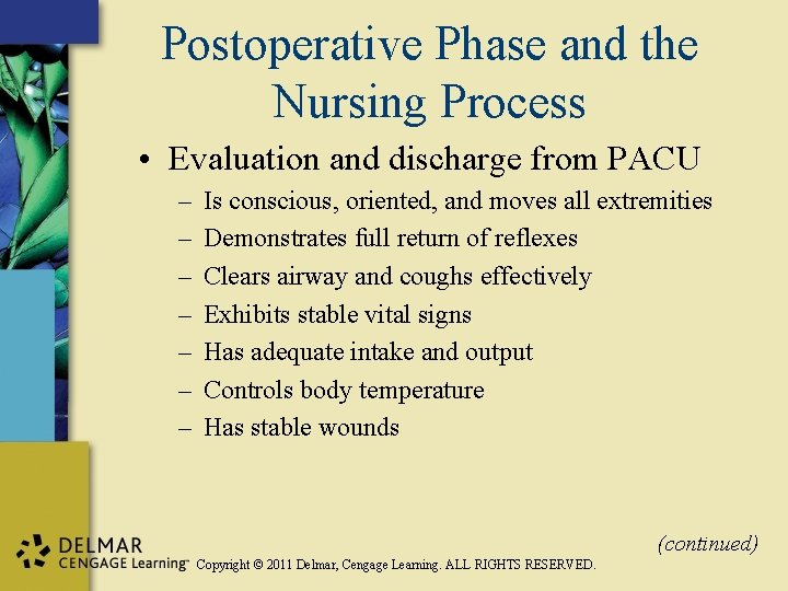 Postoperative Phase and the Nursing Process • Evaluation and discharge from PACU – –