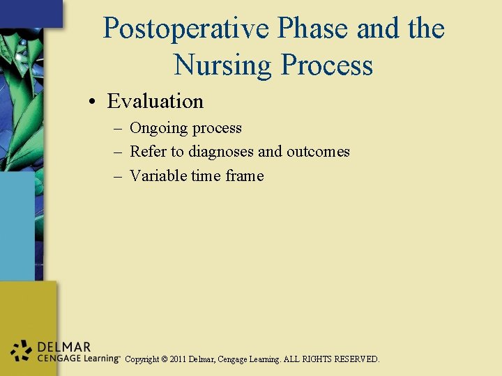 Postoperative Phase and the Nursing Process • Evaluation – Ongoing process – Refer to