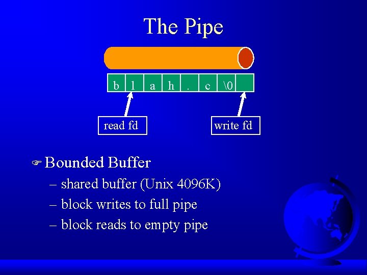 The Pipe b l a read fd F Bounded h . � c write