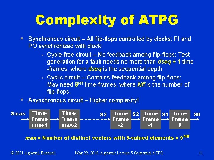 Complexity of ATPG § Synchronous circuit – All flip-flops controlled by clocks; PI and