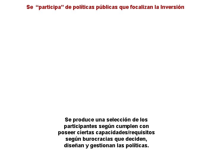Se “participa” de políticas públicas que focalizan la Inversión Se produce una selección de Se “participa” de políticas públicas que focalizan la Inversión Se produce una selección de