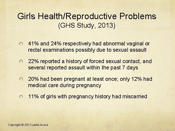 Girls Health/Reproductive Problems (GHS Study, 2013) 41% and 24% respectively had abnormal vaginal or