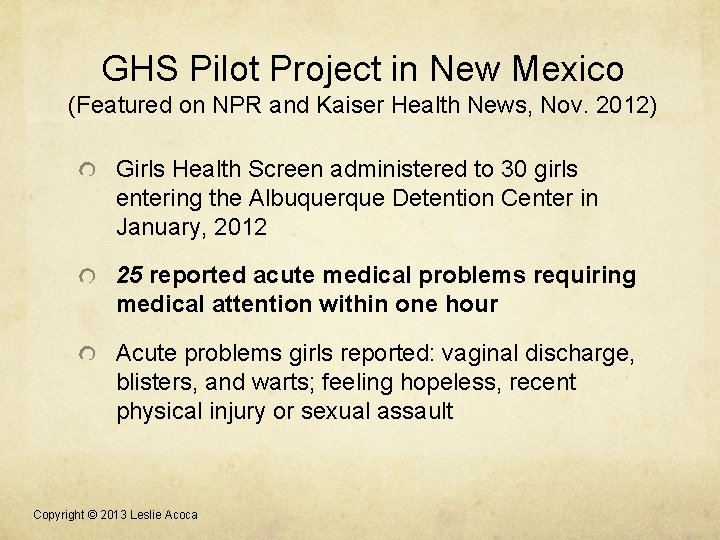 GHS Pilot Project in New Mexico (Featured on NPR and Kaiser Health News, Nov.