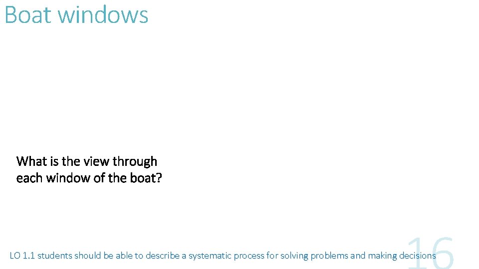 Boat windows What is the view through each window of the boat? LO 1.