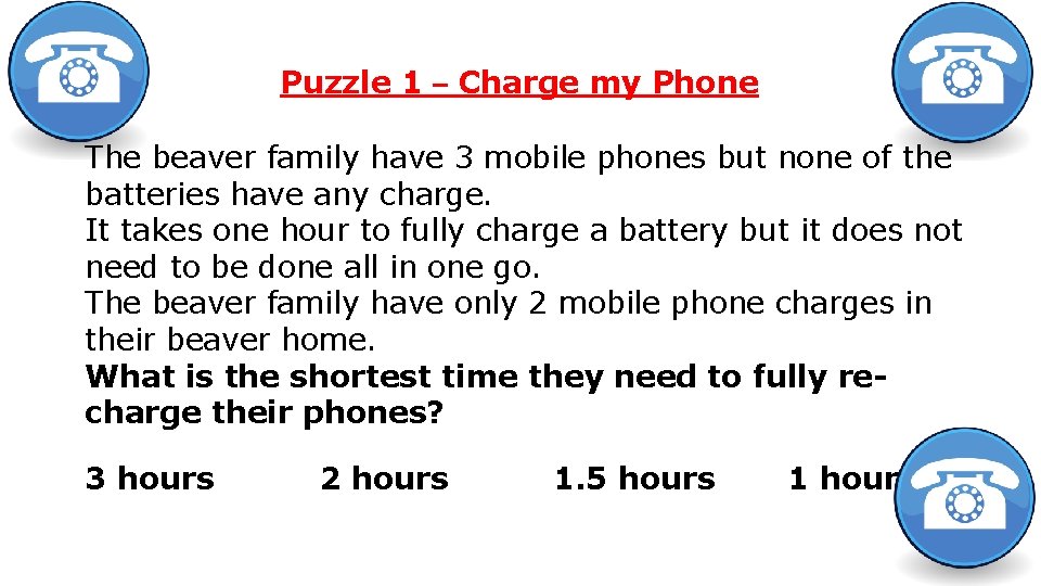 Puzzle 1 – Charge my Phone The beaver family have 3 mobile phones but