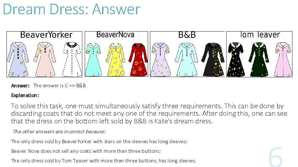 Dream Dress: Answer: The answer is C => B&B Explanation: To solve this task,