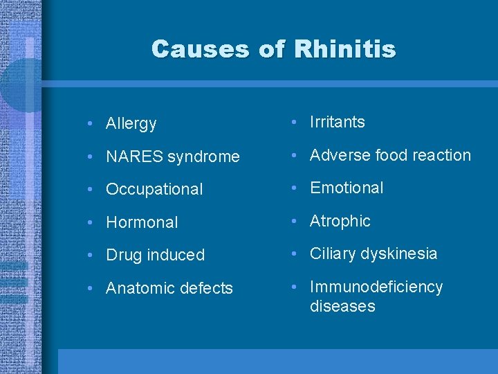 Causes of Rhinitis • Allergy • Irritants • NARES syndrome • Adverse food reaction