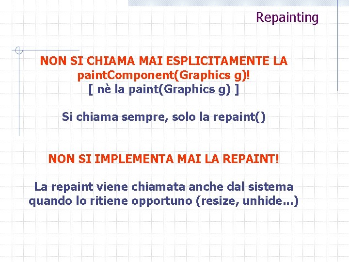 Repainting NON SI CHIAMA MAI ESPLICITAMENTE LA paint. Component(Graphics g)! [ nè la paint(Graphics