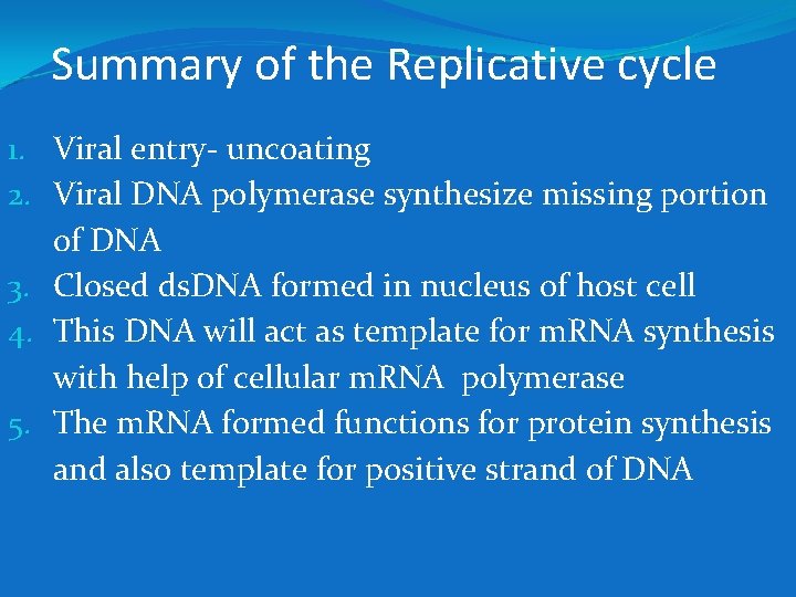Summary of the Replicative cycle 1. Viral entry- uncoating 2. Viral DNA polymerase synthesize