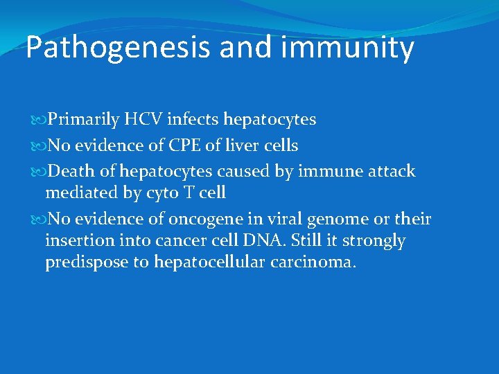 Pathogenesis and immunity Primarily HCV infects hepatocytes No evidence of CPE of liver cells