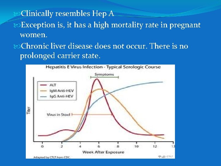 Clinically resembles Hep A Exception is, it has a high mortality rate in