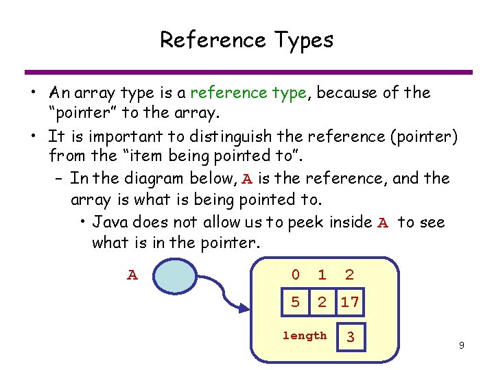 Reference Types • An array type is a reference type, because of the “pointer”