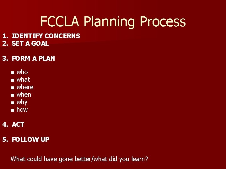 FCCLA Planning Process 1. IDENTIFY CONCERNS 2. SET A GOAL 3. FORM A PLAN